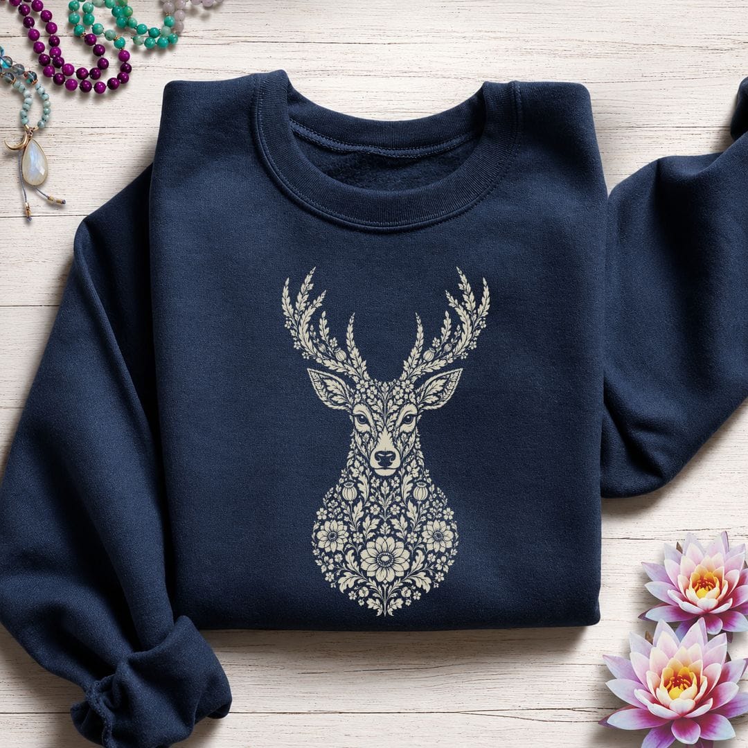 Printify Sweatshirt Fall Floral Deer Sweatshirt Navy / S