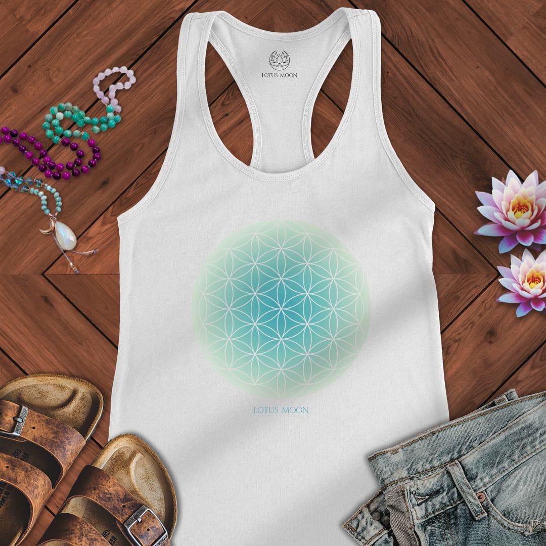 Blue Flower of Life Tank Solid White