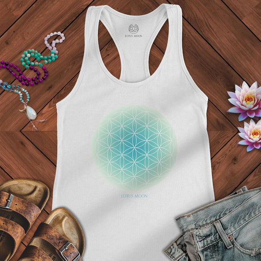 Blue Flower of Life Tank Solid White
