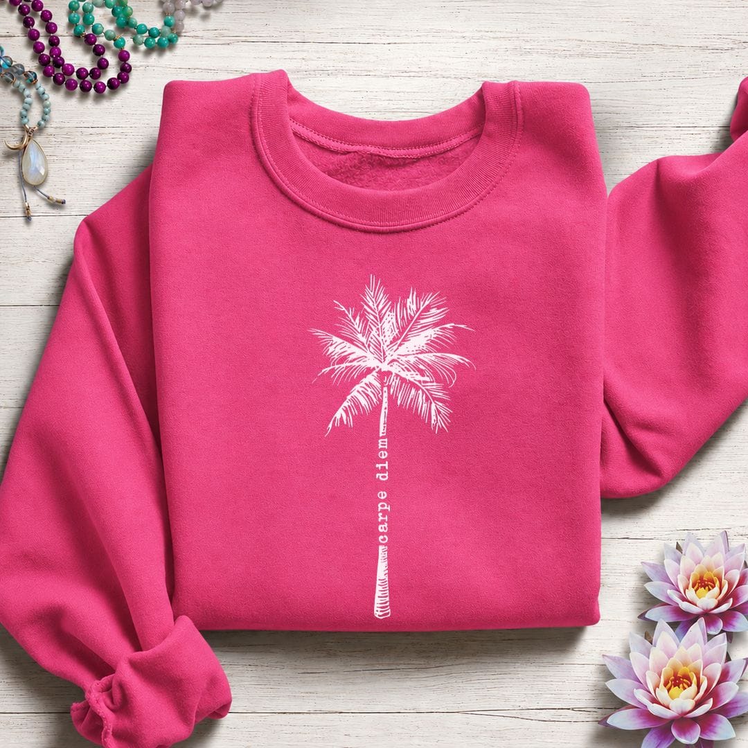 Carpe Diem Palm Sweatshirt Heliconia
