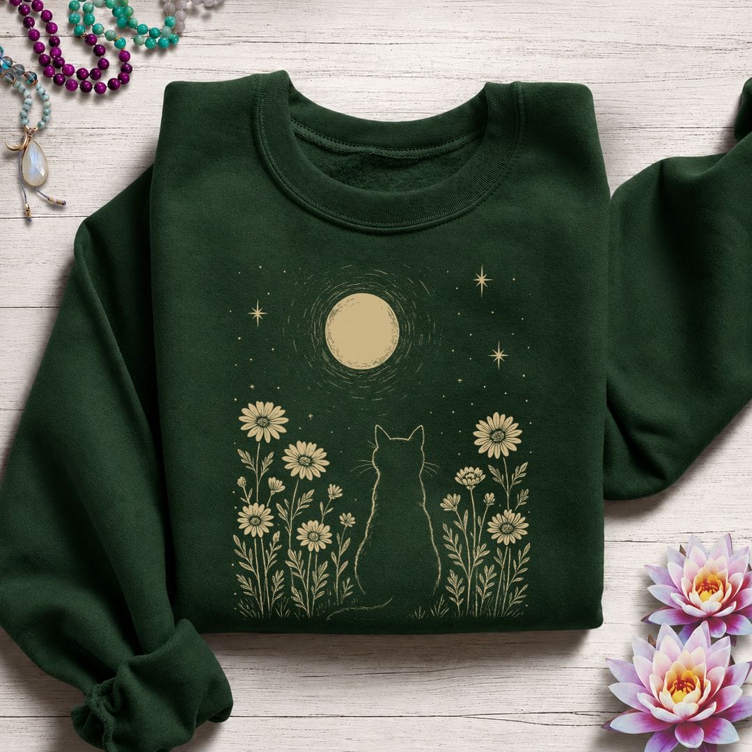 Cat and Moon Sweatshirt Forest Green