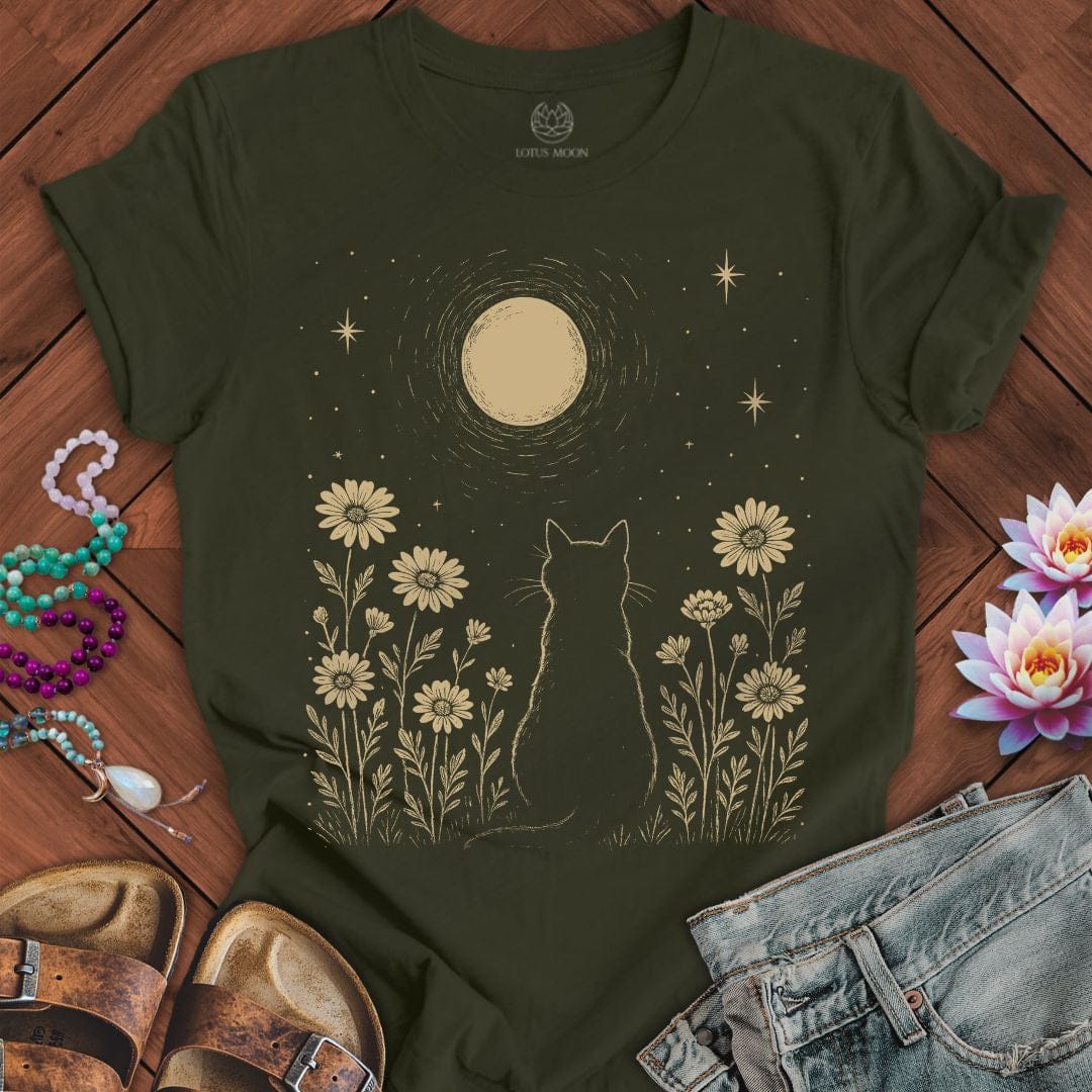 Cat And Moon Tee Dark Olive