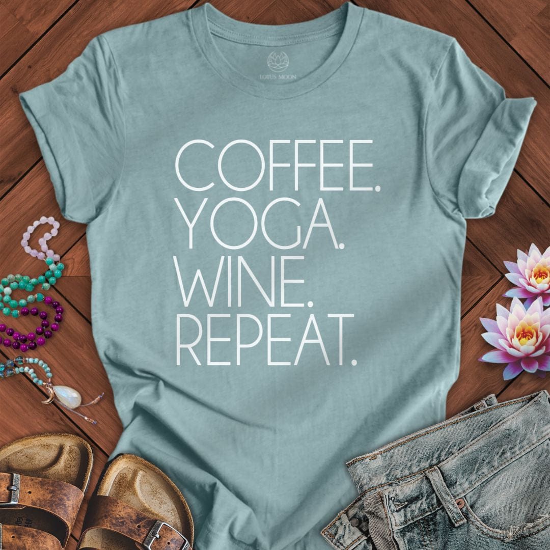 Coffee Yoga Wine Tee Heather Blue Lagoon