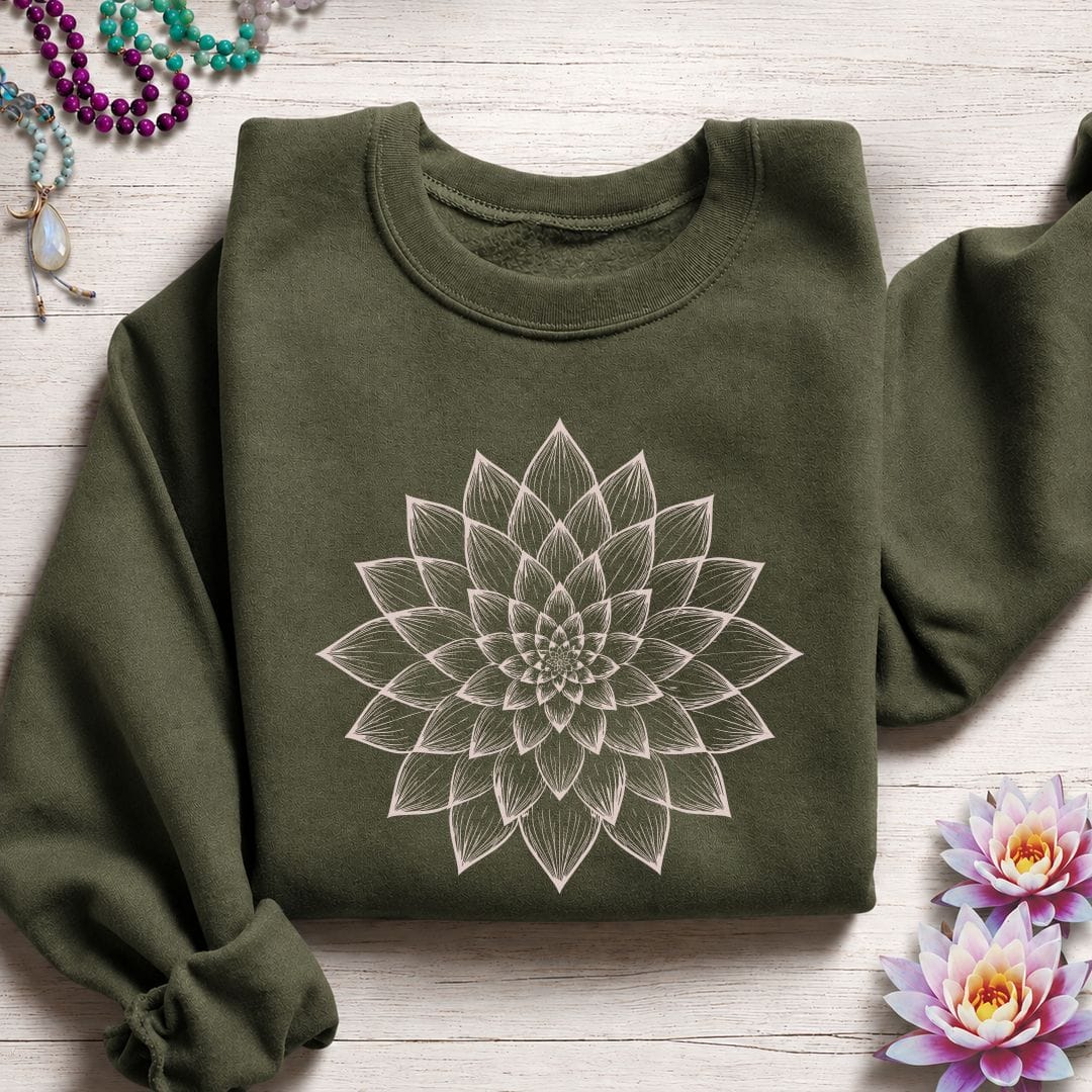 Printify Sweatshirt Dahlia Mandala Sweatshirt Military Green / S