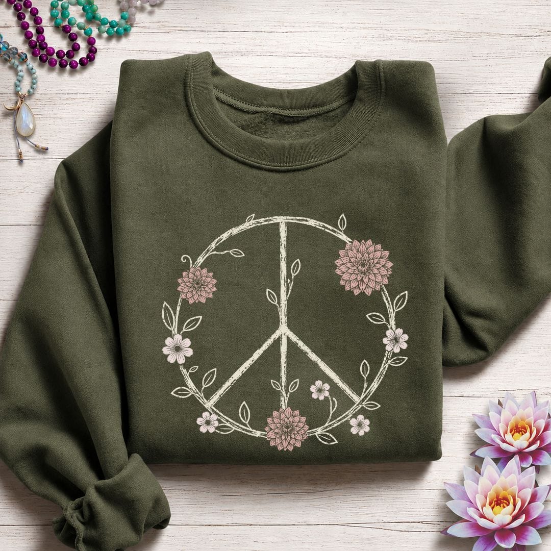 Printify Sweatshirt Dahlia Peace Sign Sweatshirt Military Green / S