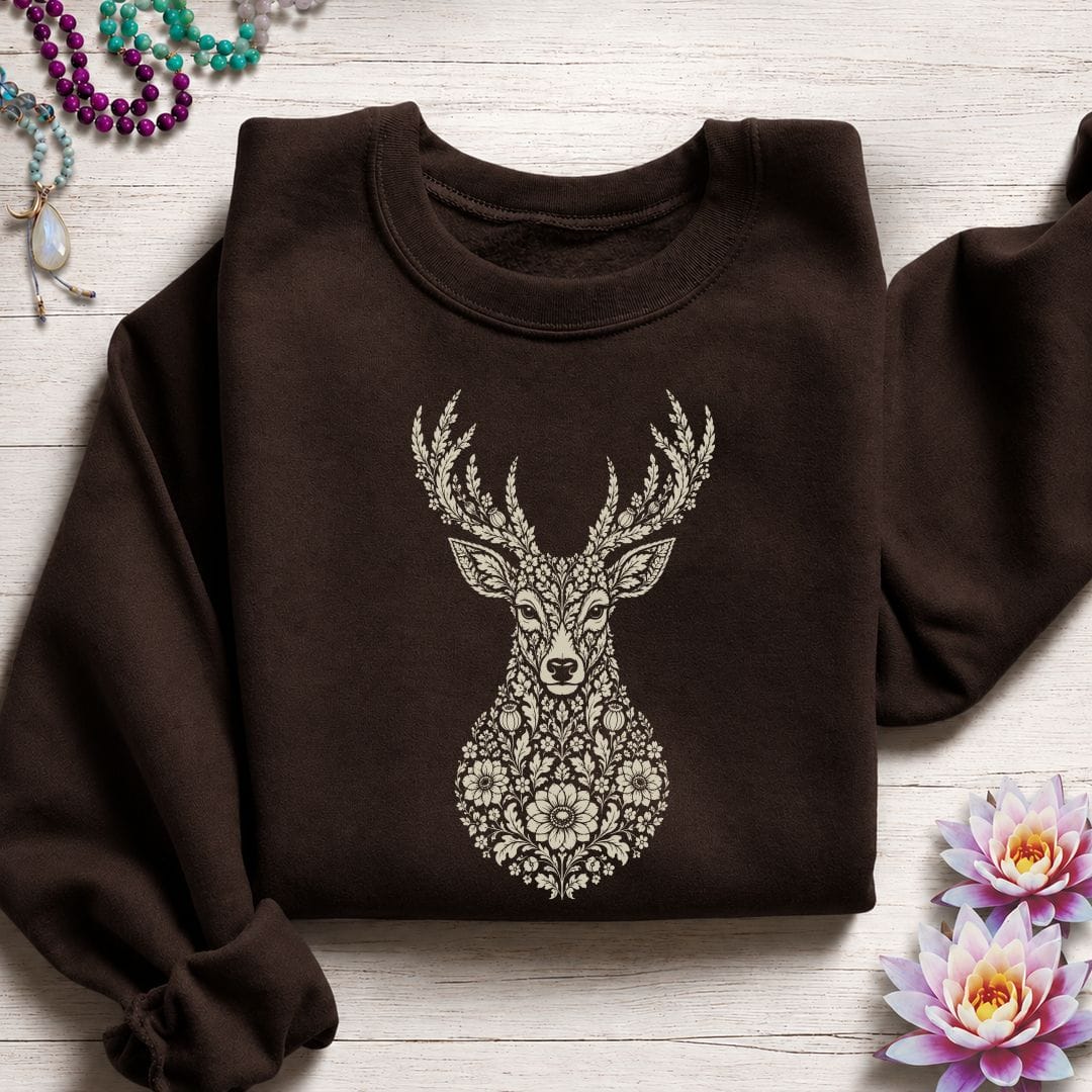 Printify Sweatshirt Fall Floral Deer Sweatshirt Dark Chocolate / S