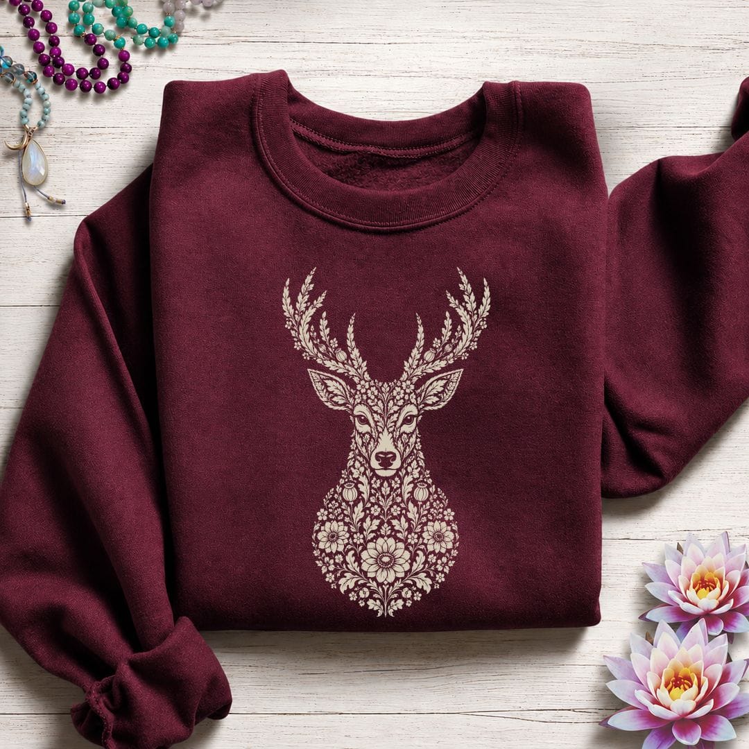 Printify Sweatshirt Fall Floral Deer Sweatshirt Maroon / S