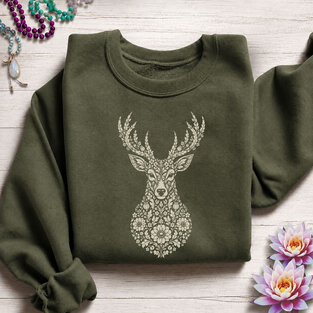 Printify Sweatshirt Fall Floral Deer Sweatshirt Military Green / S