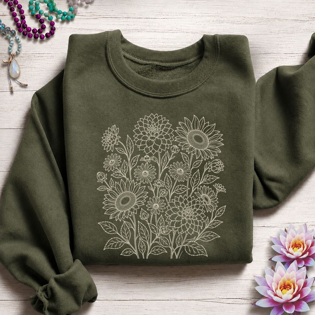 Printify Sweatshirt Fall Florals Sweatshirt Military Green / S