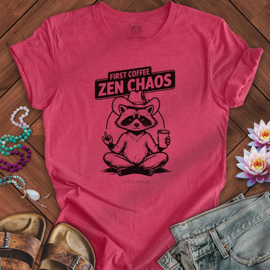 First Coffee Zen Chaos Tee Heather Raspberry