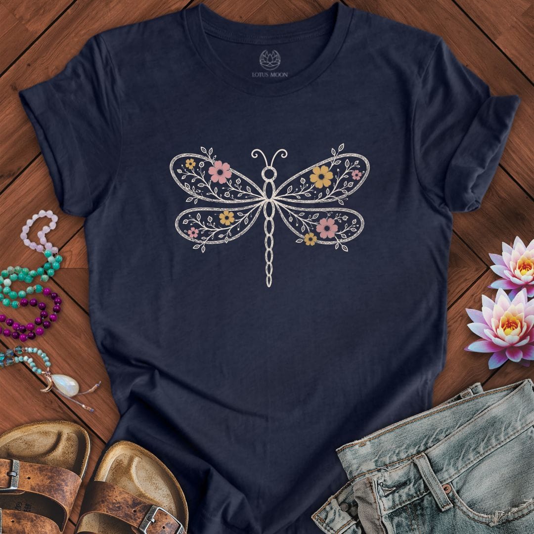 Printify T-Shirt Floral Dragonfly Tee Heather Midnight Navy / S