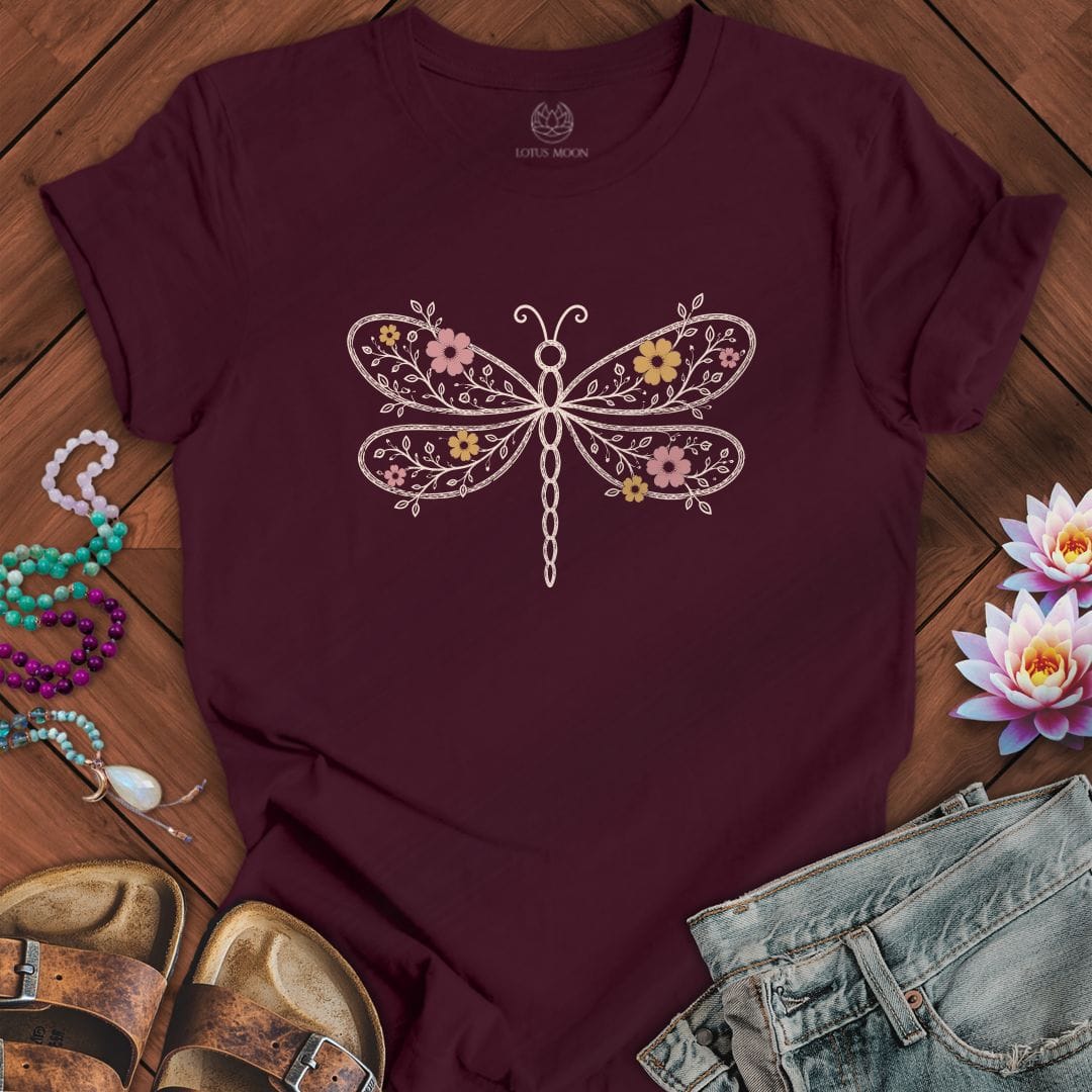 Printify T-Shirt Floral Dragonfly Tee Maroon / S