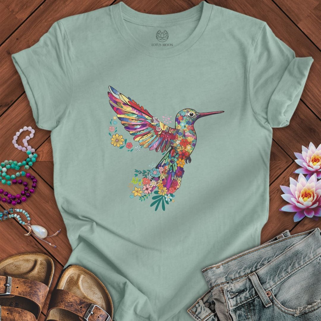Floral Hummingbird Tee Dusty Blue