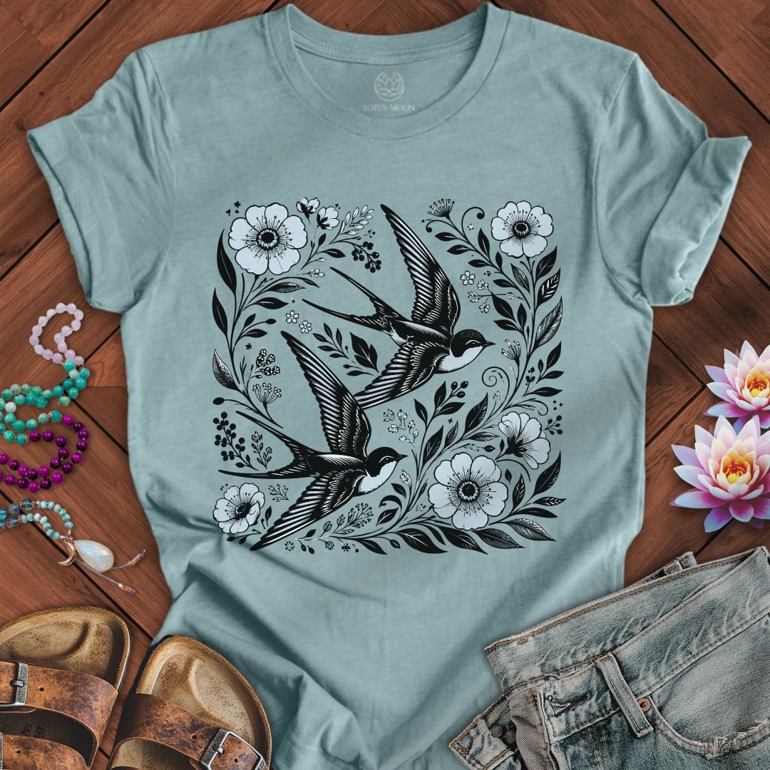 Printify T-Shirt Floral Swallows Tee