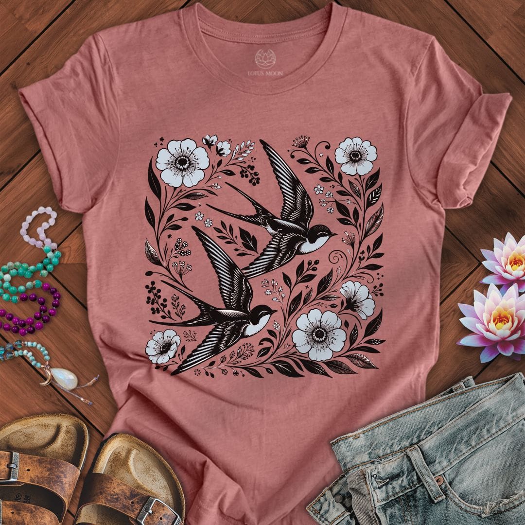 Printify T-Shirt Floral Swallows Tee Heather Mauve / S