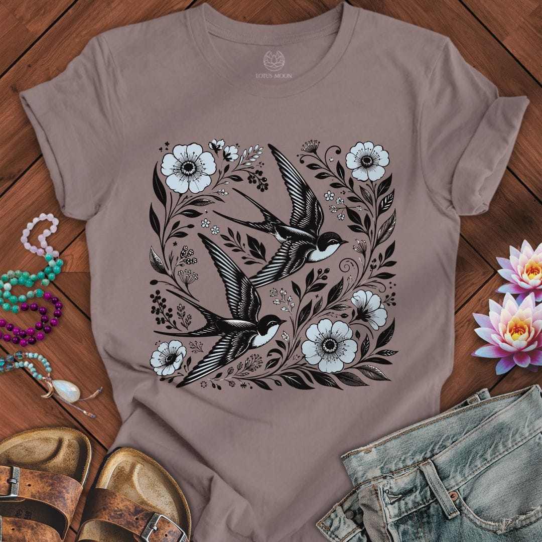 Printify T-Shirt Floral Swallows Tee Pebble Brown / S