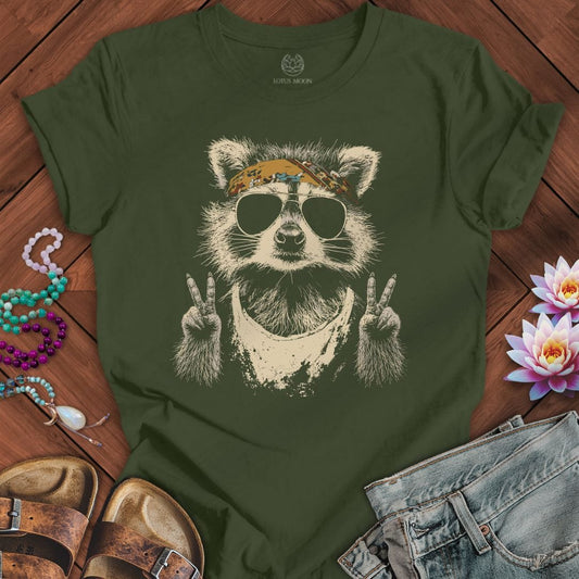 Hippie Raccoon Tee Military Green