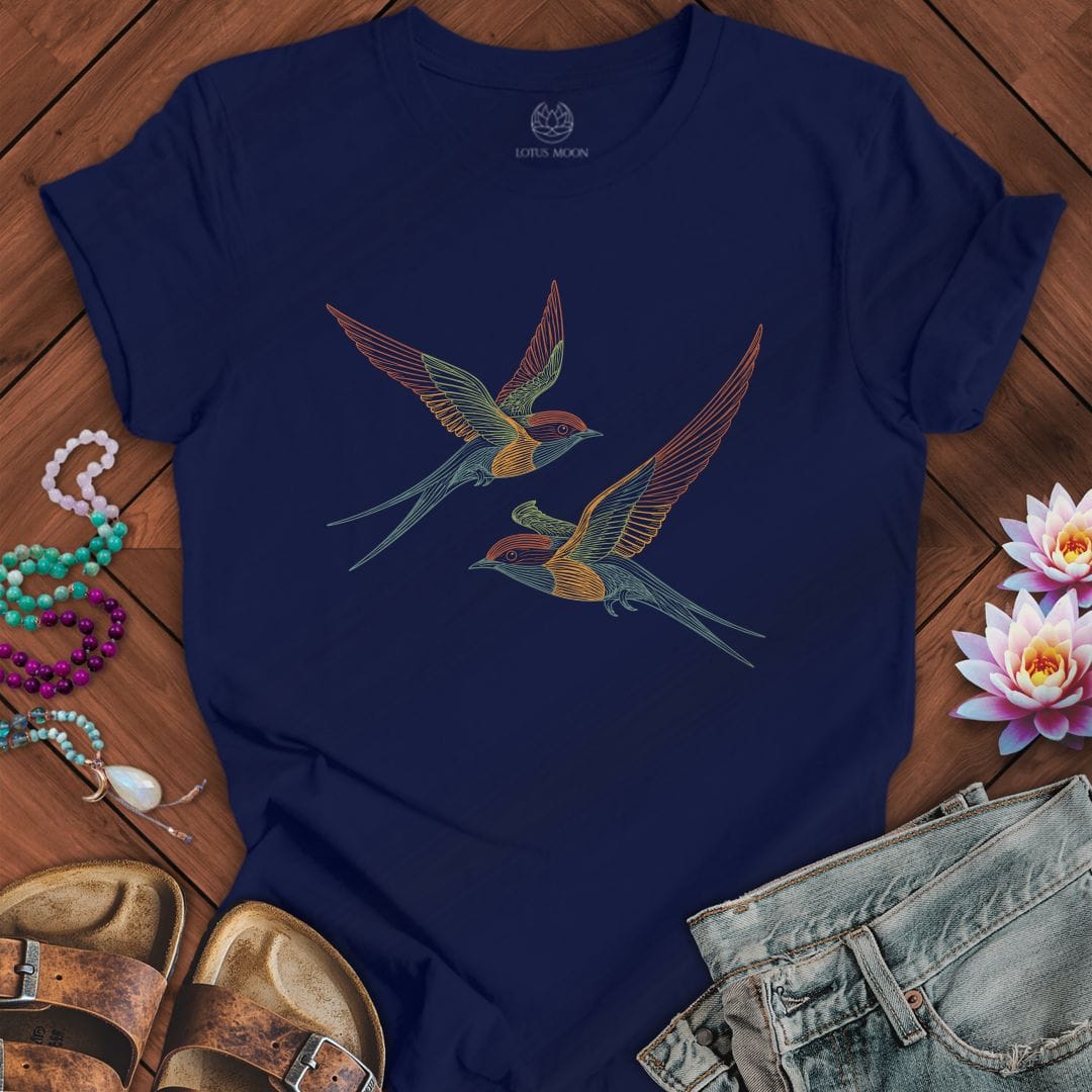 Printify T-Shirt Line Art Swallows Tee Navy / S