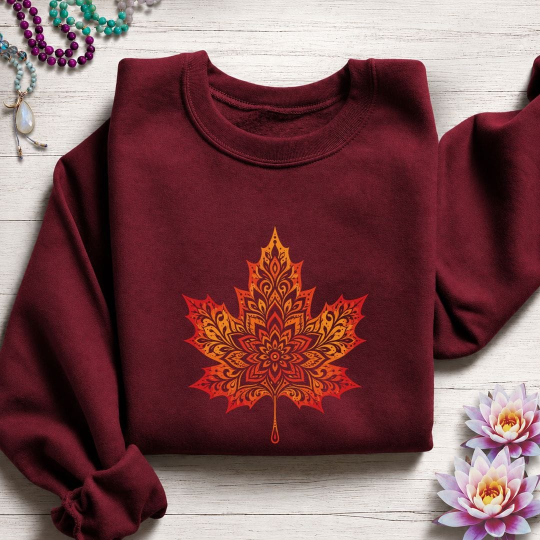 Printify Sweatshirt Mandala Autumn Leaf Sweatshirt Garnet / S