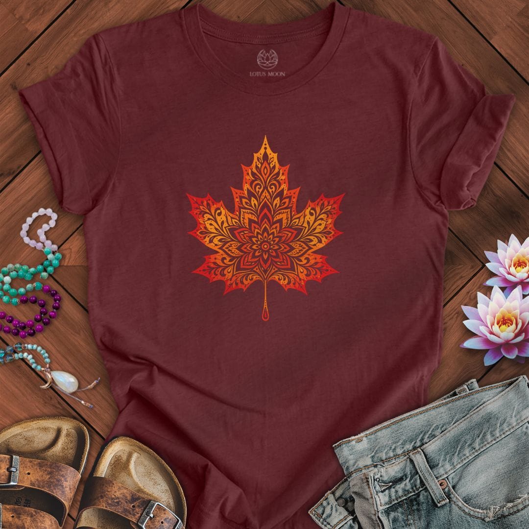 Printify T-Shirt Mandala Autumn Leaf Tee Heather Cardinal / S