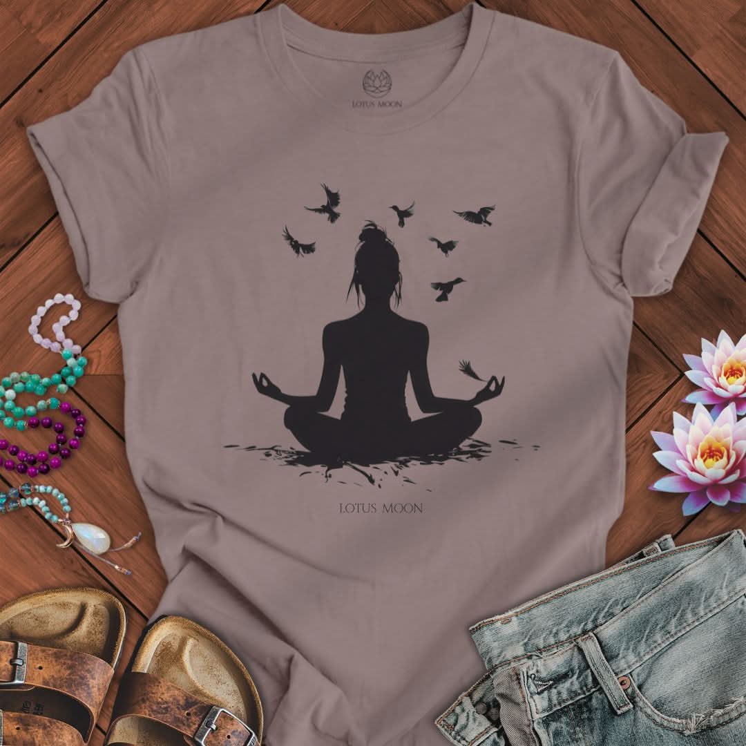 Meditation With Birds Tee Pebble Brown