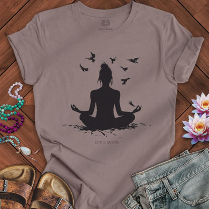 Meditation With Birds Tee Pebble Brown