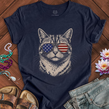 Patriotic Cat Tee Heather Midnight Navy
