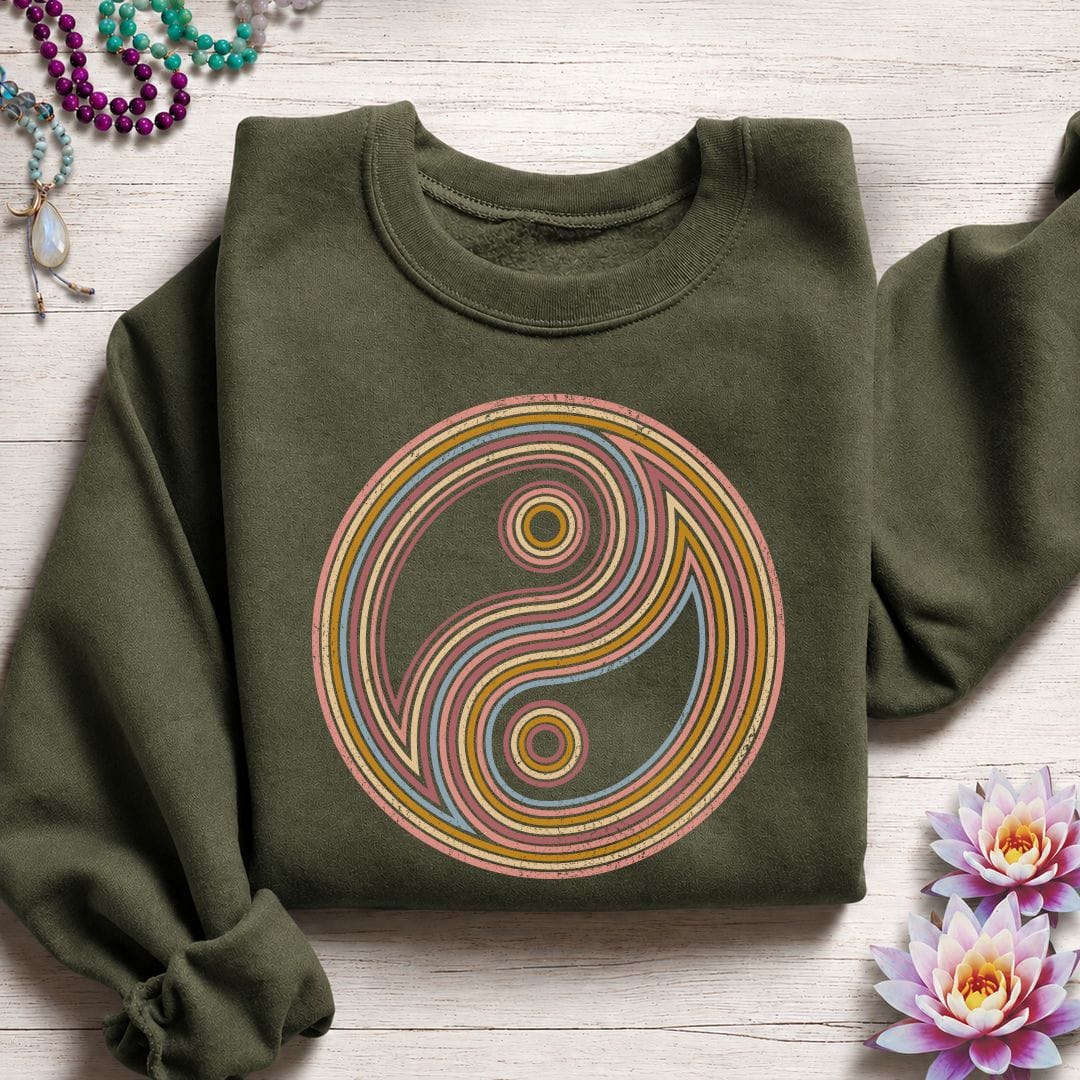 Printify Sweatshirt Retro Yin Yang Sweatshirt Military Green / S
