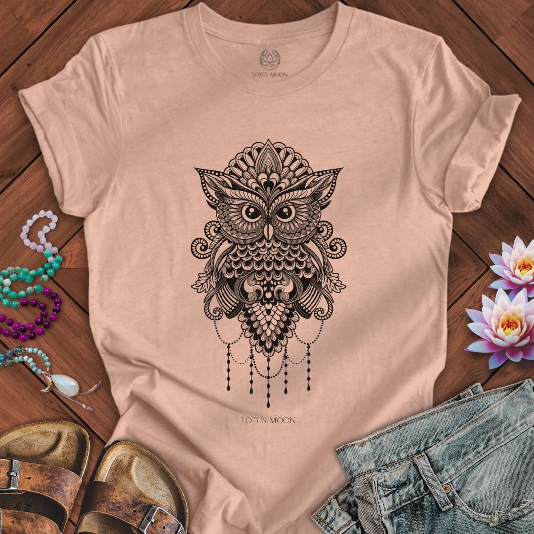 Sacred Owl Mandala Tee Heather Prism Peach