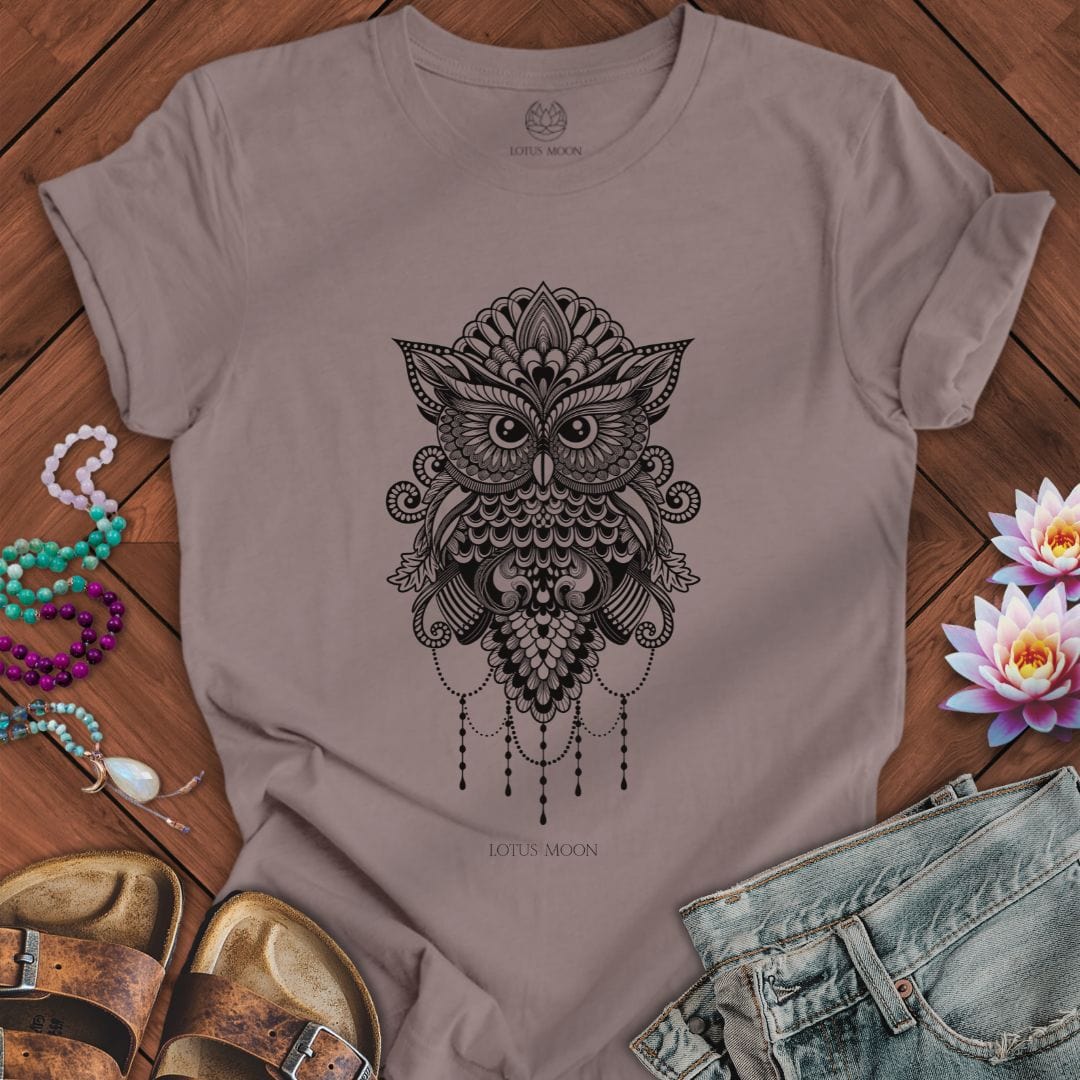 Sacred Owl Mandala Tee Pebble Brown