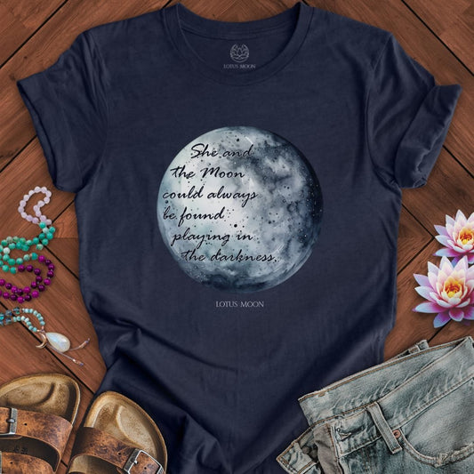 She and the Moon Tee Heather Midnight Navy