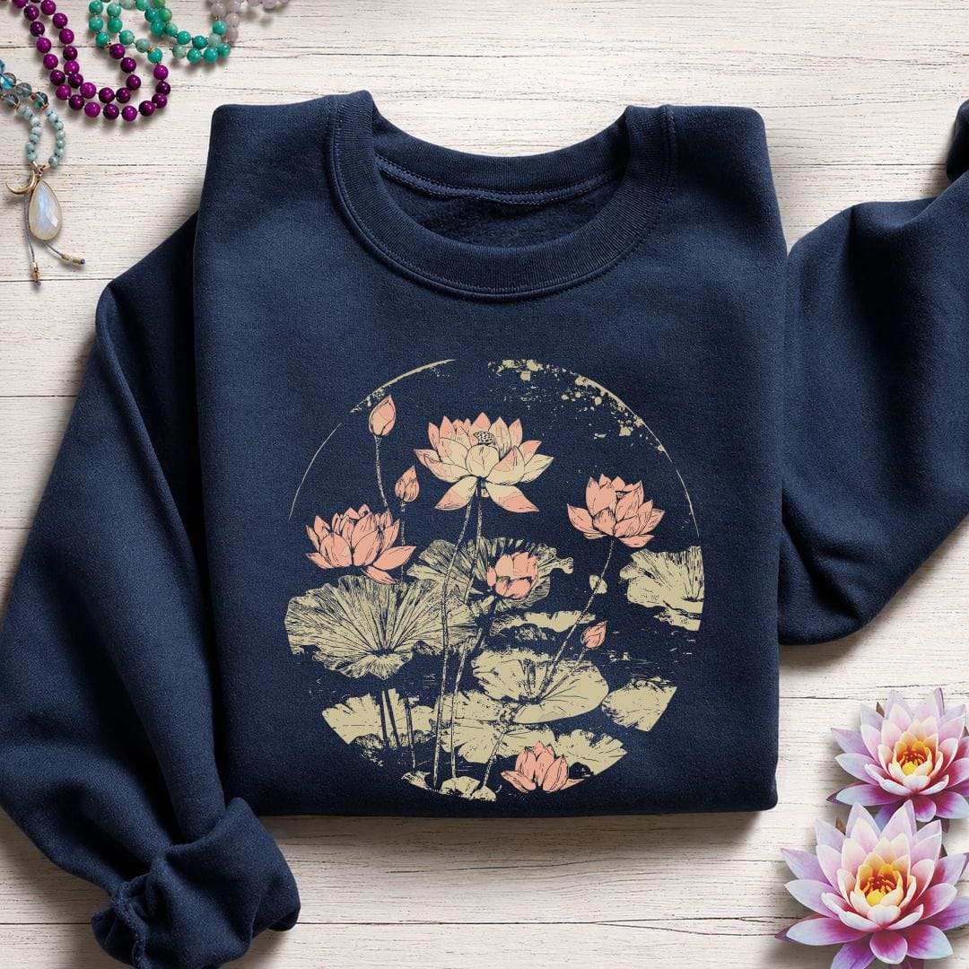 Printify Sweatshirt Vintage Lotus Pond Sweatshirt Navy / S