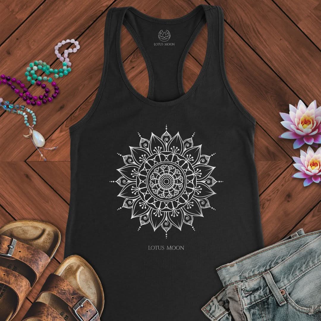 White Mandala Tank Solid Black